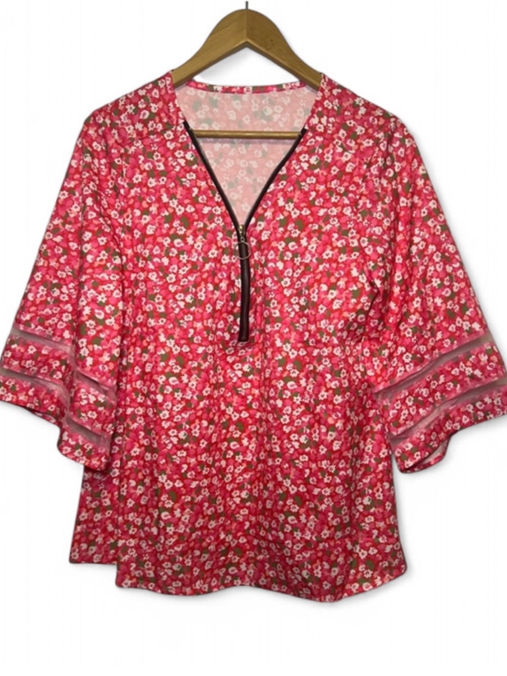 Pink Floral Blouse Zip Front Boho Cottagecore Peplum Top Women’s Lightweight Med